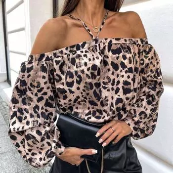 Новые модные блузки с открытыми плечами и леопардовым принтом, блузки с разрезом по горловине, сексуальные блузки с длинным рукавом, элегантные винтажные повседневные рубашки 2370 S красный