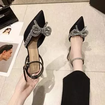 Новые модные босоножки на тонком каблуке со стразами, женские милые остроносые босоножки Baotou на высоком каблуке с кристаллами и бантом в виде феи, 2024 34