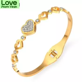 Новые модные браслеты из нержавеющей стали с сердечком и глиняными стразами, красивые браслеты для женщин, ювелирные изделия золотой