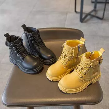 Новые модные детские ботинки на зиму 2024 года — ботинки Martin для мальчиков и короткие ботинки для девочек — большие желтые ботинки с мягкой подошвой — одинарные ботинки. T603 Black. Size 30/Insole length 18.6cm чёрный