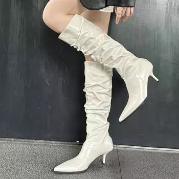 Новые модные дизайнерские плиссированные кожаные сапоги выше колена женские сексуальные стриптизерши с острым носком на каблуках-молниях длинные туфли для женщин 35