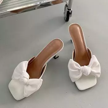 Новые модные дизайнерские шлепанцы с бантиком и узлом, женские шлепанцы, уличные сандалии с квадратным носком на тонком высоком каблуке, вечерние модельные туфли 35 красный