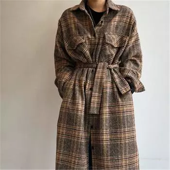 Новые модные длинные шерстяные пальто в клетку, женские зимние корейские повседневные свободные однобортные куртки, женская уличная одежда, верхняя одежда One Size фиолетовый