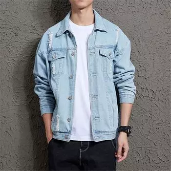 Новые модные джинсовые куртки с отверстиями, мужские тонкие хлопковые джинсовые куртки, мужская повседневная уличная одежда, пальто с воротником-стойкой, джинсовые куртки в стиле ретро, мужские S