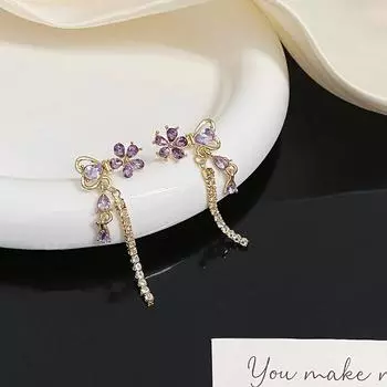 Новые модные фиолетовые серьги-банты с кристаллами для женщин, высококачественные длинные серьги с кисточками и цветами