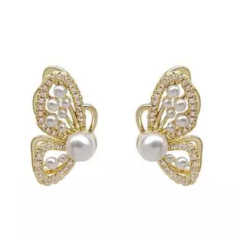 Новые модные французские жемчужные серьги-гвоздики с бабочками и бриллиантами для женщин и девушек, подарочные ювелирные изделия оптом