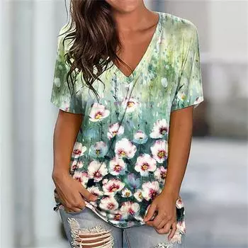 Новые модные футболки с цветочным принтом 3D, женские футболки Harajuku Streetwear, топы Y2k с V-образным вырезом и короткими рукавами, женская одежда больших размеров L