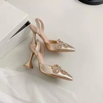 Новые модные хрустальные стразы с острым носком на высоком каблуке сандалии с открытой пяткой женские свадебные банкетные туфли туфли-лодочки 35