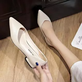 Новые модные изысканные женские красивые однотонные туфли на толстом каблуке с неглубоким носком и мягкой подошвой с острым носком на каблуке женские туфли на высоком каблуке 35 бежевый