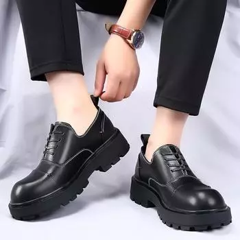 Новые модные кожаные мужские повседневные туфли, дышащие, деловые, на шнуровке, минималистичные, на толстой подошве, увеличивающие рост, для ходьбы 38 чёрный