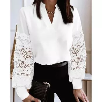 Новые модные кружевные рубашки с V-образным вырезом и длинным рукавом для женщин, элегантные винтажные однотонные свободные женские блузки, простые облегающие женские белые рубашки-топы 26208 S