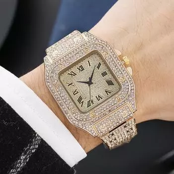 Новые модные квадратные часы с полным браслетом Sky Star из стали, инкрустированные бриллиантами, мужские кварцевые часы с римской шкалой, спортивные часы для спорта