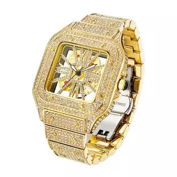 Новые модные квадратные мужские часы Niche Design Hollow Full Diamond English Watch