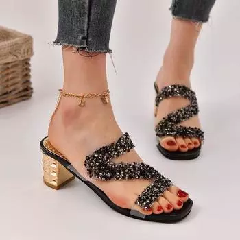 Новые модные квадратные высокие тапочки женские летние сексуальные прозрачные свадебные туфли на высоком каблуке 35 чёрный