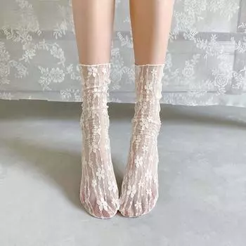 Новые модные летние носки для девочек с ажурным рисунком, мягкие, милые, свежие, кружевные, с цветочным узором, дышащие, японские, элегантные, женские, сетчатые, тонкие, Sokken белый