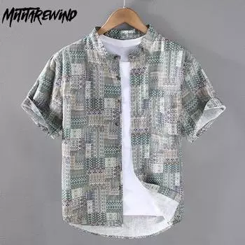 Новые модные летние рубашки для мужчин, повседневные топы, рубашка с коротким рукавом и принтом, льняная рубашка в стиле ретро со стоячим воротником, танцовщица, красивая мужская одежда M зелёный