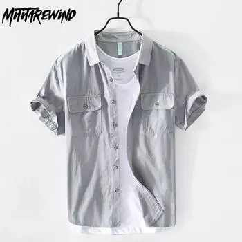 Новые модные летние рубашки для мужчин, рабочая одежда в стиле Харадзюку, мужские топы, молодежная свежая повседневная рубашка из 100 хлопка с короткими рукавами и двойными карманами M хаки