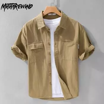 Новые модные летние топы для мужчин в корейском стиле, рабочая одежда, свободная рубашка из чистого хлопка, повседневная рубашка с двойными карманами и коротким рукавом, молодежная M белый