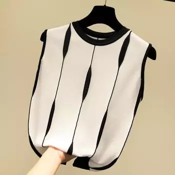 Новые модные летние трикотажные майки без рукавов женские свитера с круглым вырезом в полоску черно-белые трикотажные майки женские топы JJ35 One Size белый