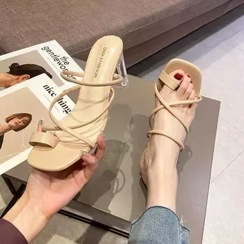 Новые модные летние женские прозрачные босоножки на толстом каблуке, элегантные вечерние банкетные туфли с круглым носком и тонким ремешком 34 бежевый
