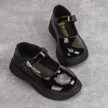 Новые модные маленькие кожаные туфли Мэри Джейн на толстой подошве в стиле ретро для девочек, повседневная и удобная студенческая обувь, детская обувь 26 чёрный