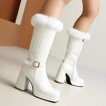 Новые модные меховые сапоги до середины голени, женские зимние сапоги с квадратным носком, высокие сапоги на каблуках, сохраняющие тепло, женские сапоги на молнии, белые 6