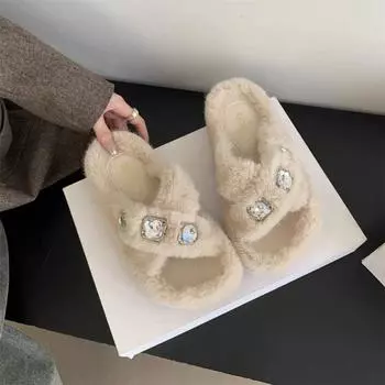 Новые модные меховые тапочки женские теплые плюшевые шлепанцы на плоской подошве на среднем каблуке женские туфли сплошные блестящие тапочки на платформе обувь Zapatos Mujer 36 бежевый