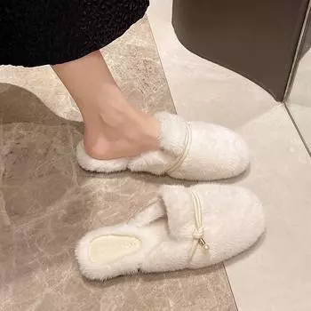 Новые модные меховые туфли женские тапочки с низким носком на платформе из флока роскошные шлепанцы женские плюшевые туфли на плоской подошве дизайнерские мягкие базовые 35 бежевый