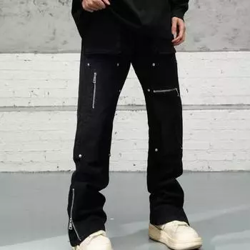 Новые модные мешковатые расклешенные джинсы Kpop Y2K брюки-карго мужская одежда молния на щиколотке прямые корейские повседневные хлопковые длинные брюки S бежевый