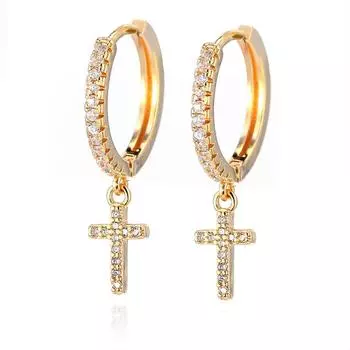 Новые модные милые серьги-кольца с крестообразными ушками и пряжкой, блестящие серьги-кольца золотого цвета с кубическими кристаллами для женщин, корейские свадебные украшения