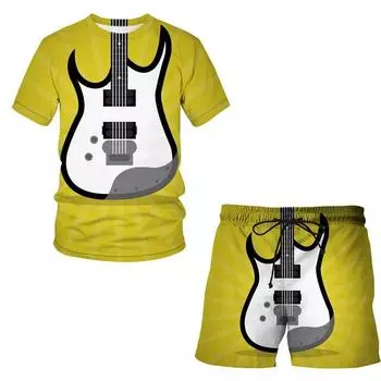 Новые модные мужские 3D футболки, комплект с 3D принтом, музыкальный инструмент, гитара, одежда, мужские уличные повседневные шорты с короткими рукавами, 2 предмета XL