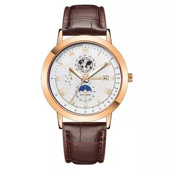 Новые модные мужские часы с тремя глазами, луной, землей, календарем, мужские кварцевые часы с поясом