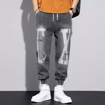 Новые модные мужские джинсы с принтом, корейская версия, модные и универсальные свободные леггинсы, укороченные брюки для мужских весенне-летних брюк. M(28)
