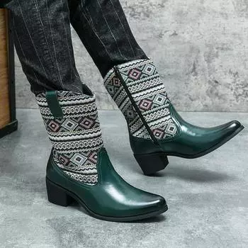 Новые модные мужские кожаные ботинки с вышитой молнией до середины голени, ковбойские мотоциклетные рыцарские сапоги, молодежные тенденции, заостренный носок, длинные ботинки 38 чёрный