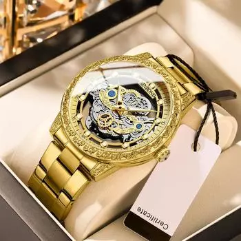 Новые модные мужские кварцевые часы с полыми деловыми часами из нержавеющей стали, лучший бренд, роскошные золотые часы, светящиеся золотой