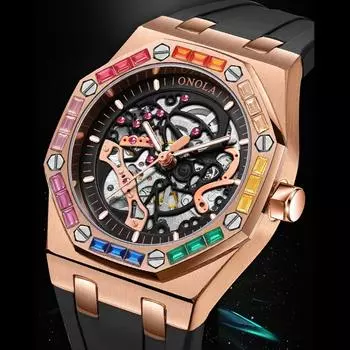 Новые модные мужские механические часы с радужным безелем, водонепроницаемые, светящиеся, сапфировые, автоматические, спортивные, с резиновым ремешком, Reloj Hombre ярко-розовый/белый
