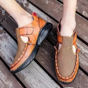 Новые модные мужские повседневные кожаные сандалии больших размеров из сетчатой ткани с дышащей удобной прогулочной обувью 38 чёрный
