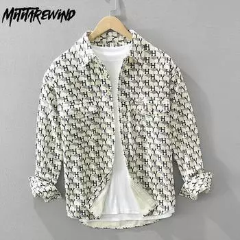 Новые модные мужские рубашки с длинным рукавом, весна и осень, уличная одежда, свободный верх, рубашки с двойными карманами и принтом, 100% хлопок, мягкая повседневная мужская одежда M белый