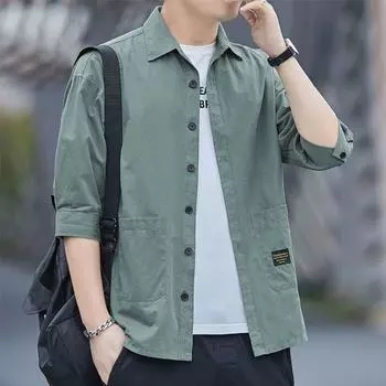 Новые модные мужские рубашки с рукавом три четверти, топы, летние однотонные повседневные рабочие рубашки-карго с рубашками с карманами M синий