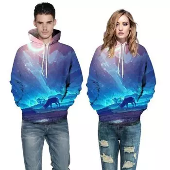Новые модные мужские/женские 3D-толстовки с красивым рисунком оленя на полярном сиянии, осень-зима, высококачественные толстовки с капюшоном, пуловеры для пар с длинными рукавами S