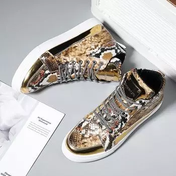 Новые модные мужские золотые кроссовки из кожи, яркие серебряные ботильоны, мужские высокие повседневные туфли, удобные плоские вулканизированные туфли для мужчин 39