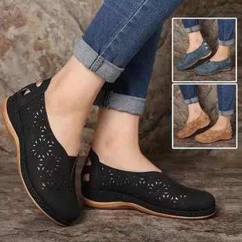 Новые модные нескользящие полые повседневные сандалии на танкетке с плоским круглым носком для женщин 35 чёрный