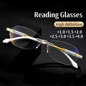 Новые модные очки для чтения без оправы для женщин, очки высокой четкости с защитой от синего света, очки для пресбиопии, унисекс, дальнозоркие очки +400 золотой