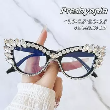 Новые модные очки для чтения с кошачьим глазом, цветные, с большим бриллиантом, унисекс, роскошные, для защиты глаз, пресбиопия, очки до +4,0 +1.0