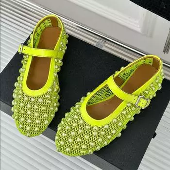 Новые модные однотонные туфли Мэри Джейн с сетчатым жемчужным поясом и пряжкой, женские однотонные удобные балетные туфли на плоской подошве 35 белый