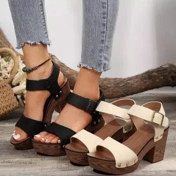 Новые модные однотонные универсальные женские сандалии на толстой подошве, летние женские туфли на танкетке, сандалии на высоком каблуке с пряжкой и ремешком 36