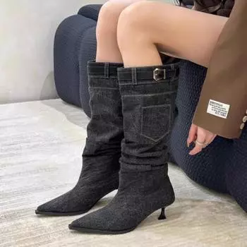 Новые модные однотонные высокие и низкие удобные верхние женские сапоги ковбойские сапоги с острым носком женские сапоги на шпильках 35