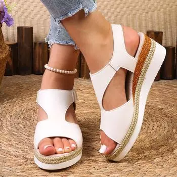 Новые модные однотонные женские босоножки большого размера на толстой подошве с круглым носком и открытым носком, с застежкой-липучкой 36 белый