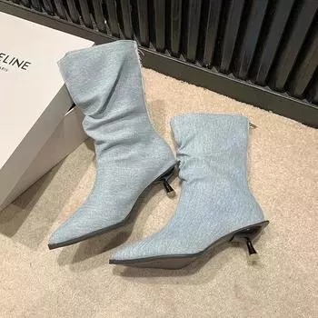 Новые модные однотонные женские ботинки на шпильках с острым носком, однотонные универсальные женские туфли без застежек на весну и осень 35