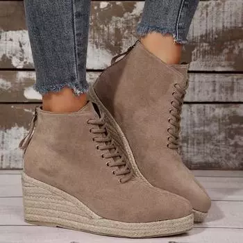 Новые модные однотонные женские ботинки на танкетке со шнуровкой и толстой подошвой, удобная верхняя одежда, женская обувь с застежкой-молнией сзади 36